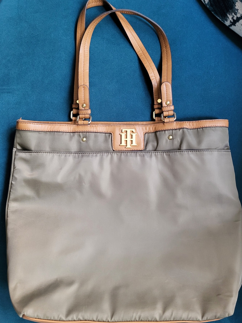 Tommy Hilfiger Taupe Nylon Tote with Tan Leather Trim and Gold TH Logo